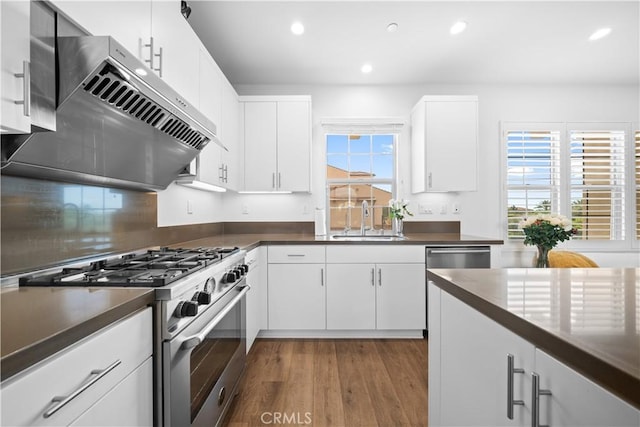 kitchen featuring appliances with stainless steel finishes, under cabinet range hood, a sink, dark countertops, and recessed lighting