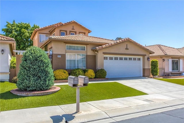 588 Twin Hills Dr, Banning, CA 92220 - mediterranean / spanish-style home featuring an attached garage, stucco siding, a tile roof, a front yard, and concrete driveway