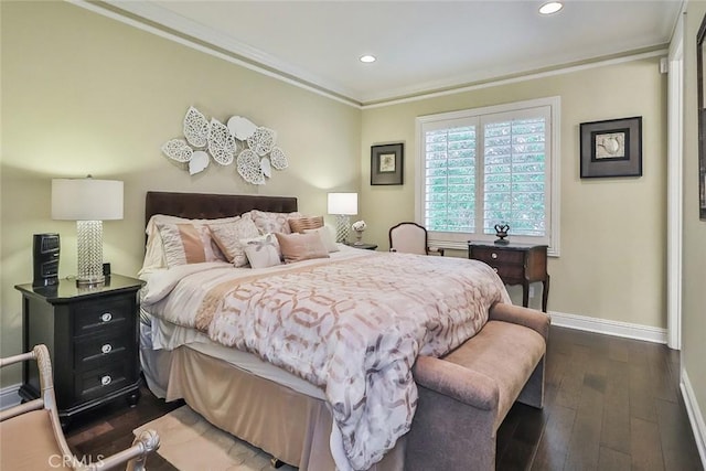 6791 Trevino Dr, Moorpark, CA 93021 - bedroom featuring baseboards, recessed lighting, dark wood-type flooring, and crown molding