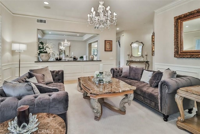 6791 Trevino Dr, Moorpark, CA 93021 - carpeted living room featuring a chandelier, a decorative wall, wainscoting, ornamental molding, and recessed lighting