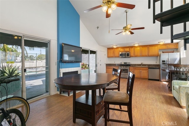 1100 Euclid Ave Unit 108, Long Beach, CA 90804 - dining area featuring high vaulted ceiling, a ceiling fan, light wood-style floors, and plenty of natural light