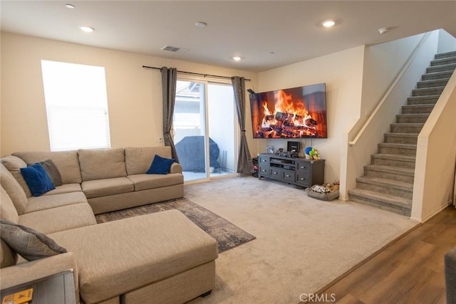 1810 Park Place Ln, Riverside, CA 92501 - living area with stairway, recessed lighting, wood finished floors, and carpet