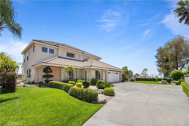 18560 Stonegate Ln, Rowland Heights, CA 91748 - mediterranean / spanish-style house with concrete driveway, stone siding, a front lawn, and a tile roof