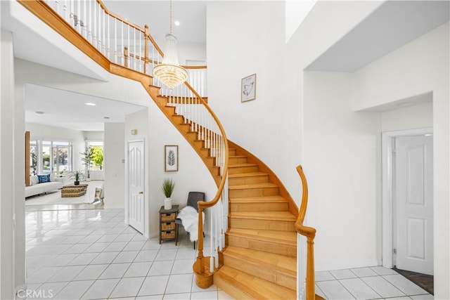 18560 Stonegate Ln, Rowland Heights, CA 91748 - stairway with a high ceiling, tile patterned floors, and recessed lighting