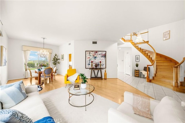 18560 Stonegate Ln, Rowland Heights, CA 91748 - living room with a chandelier, stairway, and wood finished floors