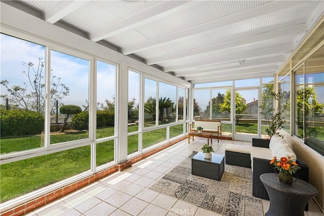 18560 Stonegate Ln, Rowland Heights, CA 91748 - sunroom with beamed ceiling, outdoor lounge area, and plenty of natural light