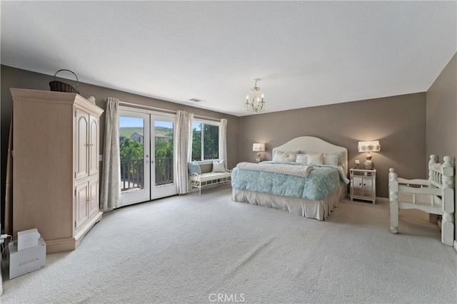 5549 Pine Ave, Chino Hills, CA 91709 - bedroom with access to outside, light colored carpet, a chandelier, baseboards, and french doors