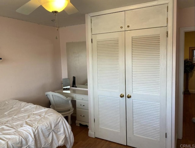 6172 Tamilynn St, San Diego, CA 92122 - bedroom with a closet, wood finished floors, and a ceiling fan