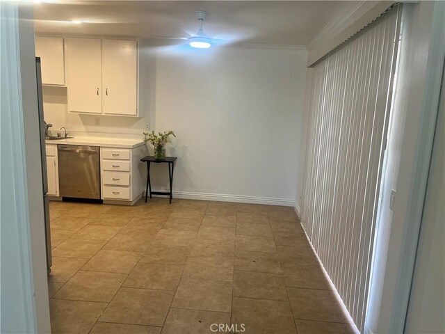 22728 Madrid Dr, Lake Forest, CA 92630 - kitchen featuring dishwasher, white cabinets, light countertops, ornamental molding, and a ceiling fan
