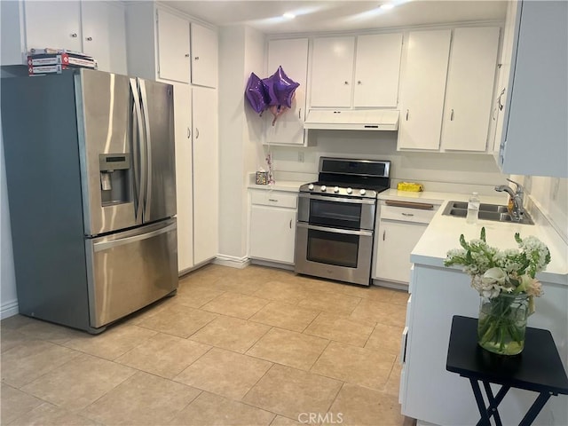 22728 Madrid Dr, Lake Forest, CA 92630 - kitchen with stainless steel appliances, under cabinet range hood, a sink, light countertops, and white cabinets