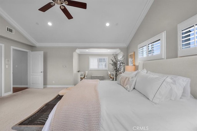 1817 Clark Ln Unit B, Redondo Beach, CA 90278 - carpeted bedroom with lofted ceiling, ornamental molding, recessed lighting, baseboards, and ceiling fan