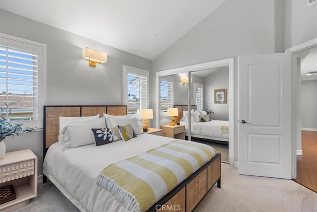 1817 Clark Ln Unit B, Redondo Beach, CA 90278 - bedroom with baseboards, high vaulted ceiling, and light colored carpet
