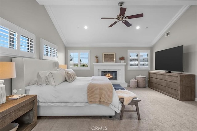 1817 Clark Ln Unit B, Redondo Beach, CA 90278 - carpeted bedroom with vaulted ceiling, crown molding, recessed lighting, a glass covered fireplace, and a ceiling fan