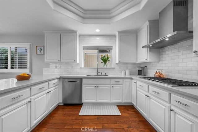 1817 Clark Ln Unit B, Redondo Beach, CA 90278 - kitchen with wall chimney range hood, stainless steel appliances, a sink, a tray ceiling, and tasteful backsplash