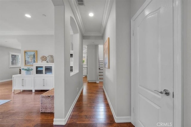 1817 Clark Ln Unit B, Redondo Beach, CA 90278 - corridor featuring crown molding, dark wood-type flooring, baseboards, arched walkways, and recessed lighting
