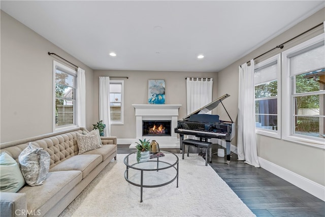 12 Via Alcamo, San Clemente, CA 92673 - living area with baseboards, a glass covered fireplace, dark wood-type flooring, and recessed lighting
