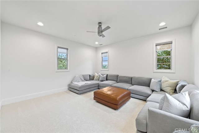 12 Via Alcamo, San Clemente, CA 92673 - living room featuring ceiling fan, carpet flooring, recessed lighting, and baseboards