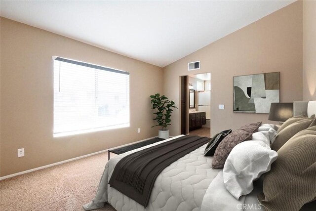 5354 Wrangler Dr, Fontana, CA 92336 - carpeted bedroom featuring vaulted ceiling and ensuite bath