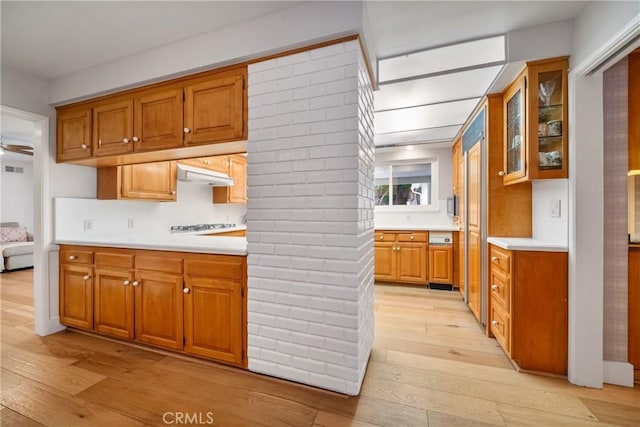 780 Brown Sage Dr, Glendora, CA 91741 - kitchen with light wood-style floors, under cabinet range hood, light countertops, and brown cabinets