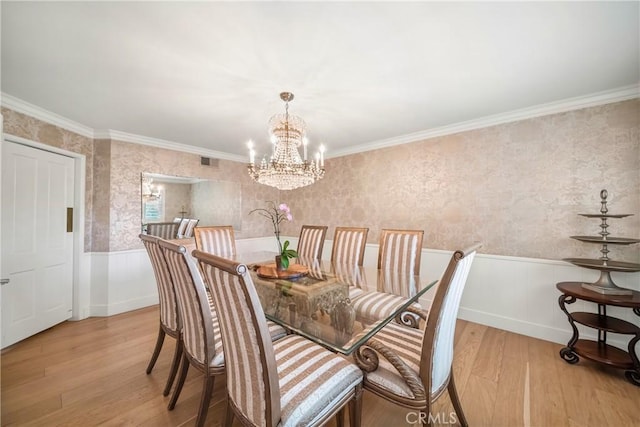 780 Brown Sage Dr, Glendora, CA 91741 - dining area featuring wood finished floors, a chandelier, wainscoting, wallpapered walls, and ornamental molding
