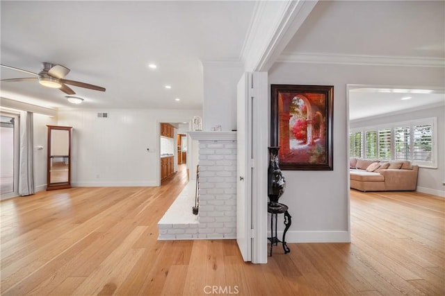 780 Brown Sage Dr, Glendora, CA 91741 - interior space with light wood finished floors, baseboards, ceiling fan, crown molding, and recessed lighting