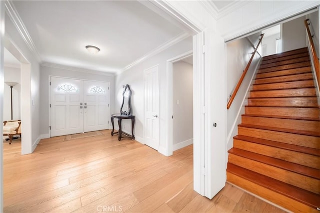 780 Brown Sage Dr, Glendora, CA 91741 - entryway with stairs, light wood-style flooring, crown molding, and baseboards