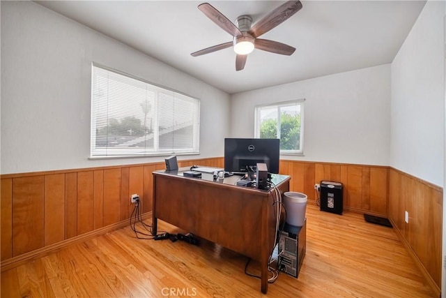 780 Brown Sage Dr, Glendora, CA 91741 - office featuring a wainscoted wall, light wood-type flooring, a ceiling fan, and wood walls