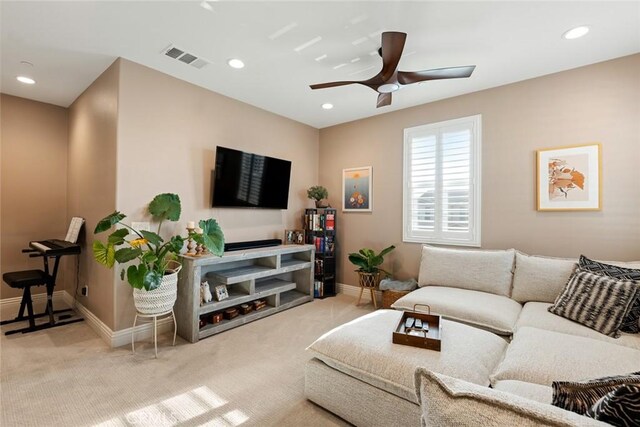32106 Richardson St, Menifee, CA 92584 - carpeted living room featuring baseboards, recessed lighting, and a ceiling fan