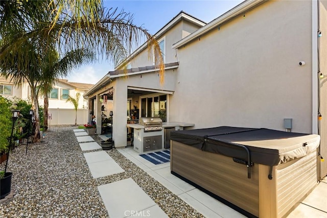 32106 Richardson St, Menifee, CA 92584 - fenced backyard with a hot tub, a patio, and grilling area