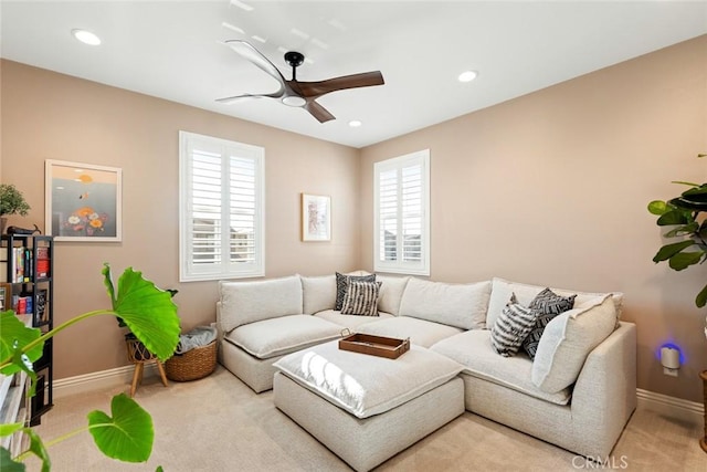 32106 Richardson St, Menifee, CA 92584 - living area featuring carpet, a ceiling fan, baseboards, and recessed lighting
