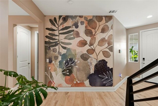 32106 Richardson St, Menifee, CA 92584 - stairs with wood finished floors, baseboards, and recessed lighting