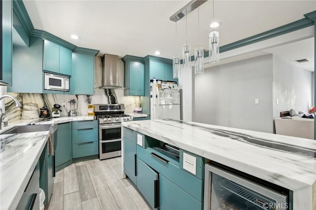 3336 Cherokee Ave, South Gate, CA 90280 - kitchen featuring wall chimney range hood, white appliances, wine cooler, light stone counters, and tasteful backsplash