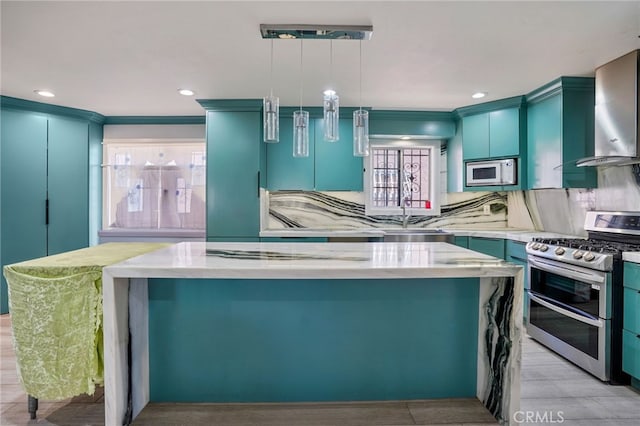 3336 Cherokee Ave, South Gate, CA 90280 - kitchen with range with two ovens, white microwave, wall chimney range hood, a sink, and tasteful backsplash