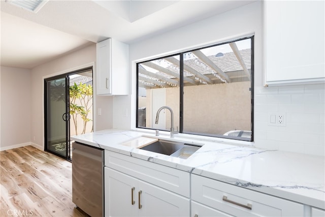 1485 W Cerritos Ave Unit 8, Anaheim, CA 92802 - kitchen featuring a sink, dishwashing machine, light wood-style flooring, decorative backsplash, and white cabinets