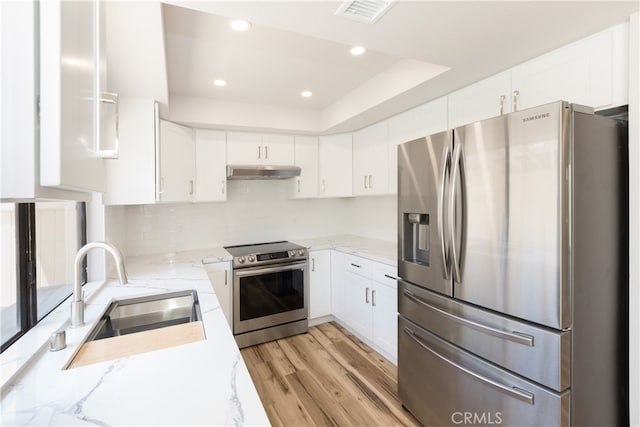 1485 W Cerritos Ave Unit 8, Anaheim, CA 92802 - kitchen with appliances with stainless steel finishes, under cabinet range hood, a sink, light stone counters, and recessed lighting