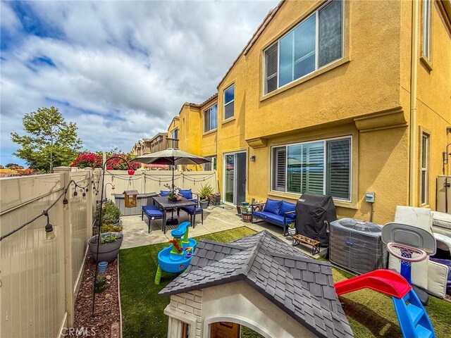5485 San Roberto, San Diego, CA 92154 - view of patio featuring outdoor lounge area, grilling area, a fenced backyard, and central AC unit