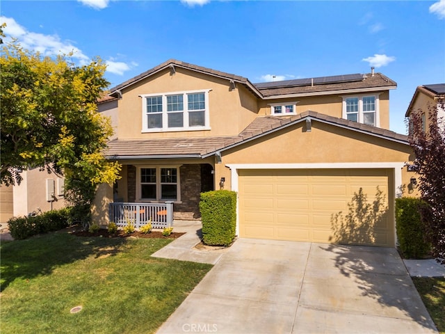 45936 Camino Rubi, Temecula, CA 92592 - traditional-style house with a porch, a front yard, driveway, roof mounted solar panels, and stucco siding