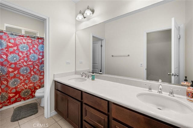 45936 Camino Rubi, Temecula, CA 92592 - bathroom featuring tile patterned flooring, toilet, double vanity, and a shower with shower curtain