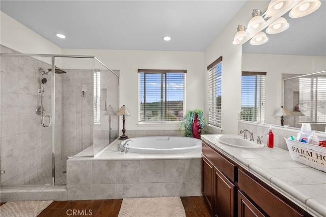 45936 Camino Rubi, Temecula, CA 92592 - full bathroom with a garden tub, wood finished floors, a shower stall, vanity, and recessed lighting