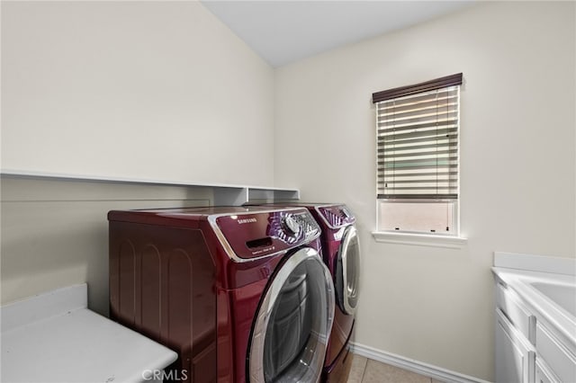 45936 Camino Rubi, Temecula, CA 92592 - clothes washing area with washer and clothes dryer, cabinet space, baseboards, and tile patterned floors