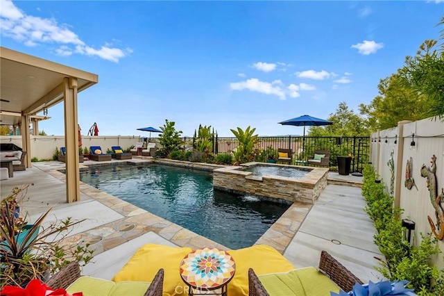 45936 Camino Rubi, Temecula, CA 92592 - view of swimming pool with an outdoor living space, a fenced backyard, a patio, and a pool with connected hot tub