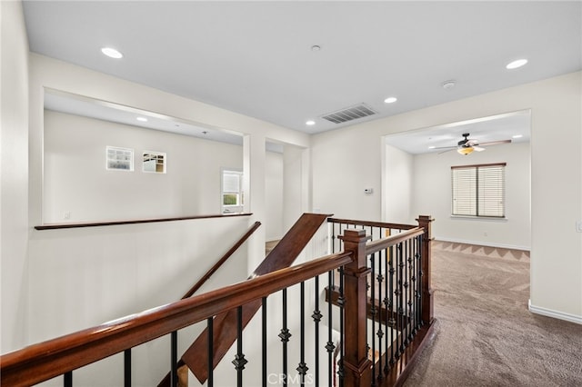 45936 Camino Rubi, Temecula, CA 92592 - hallway with an upstairs landing, carpet flooring, recessed lighting, and baseboards