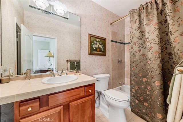 45975 Sandia Creek Dr, Temecula, CA 92590 - full bathroom with vanity, tile patterned flooring, toilet, shower / bathtub combination with curtain, and wallpapered walls