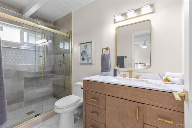 4566 Derrick Dr, San Diego, CA 92117 - full bathroom featuring toilet, a stall shower, vanity, ceiling fan, and beamed ceiling