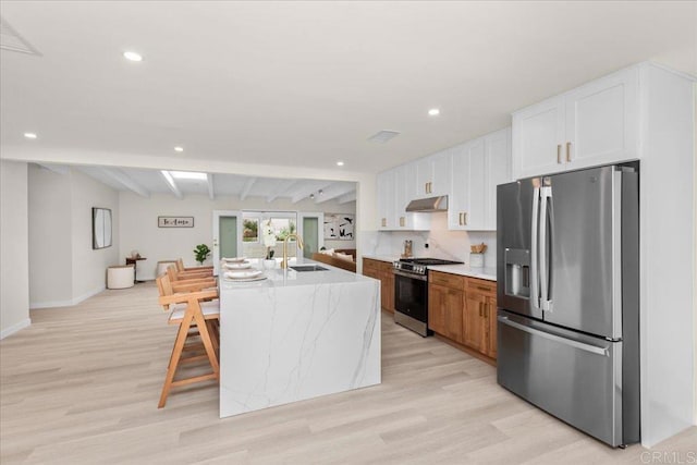 4566 Derrick Dr, San Diego, CA 92117 - kitchen with stainless steel appliances, under cabinet range hood, a sink, light wood-style floors, and recessed lighting