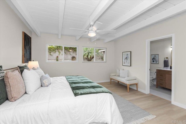 4566 Derrick Dr, San Diego, CA 92117 - bedroom with light wood finished floors, beamed ceiling, baseboards, ensuite bathroom, and a ceiling fan