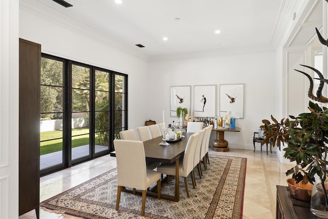 18299 Lago Vis, Rancho Santa Fe, CA 92067 - dining space with crown molding, recessed lighting, and baseboards