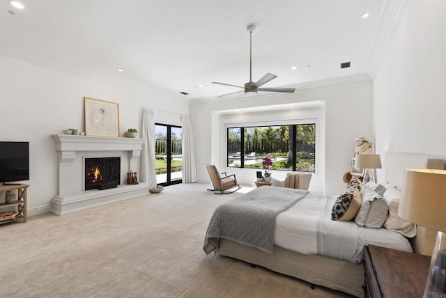 18299 Lago Vis, Rancho Santa Fe, CA 92067 - bedroom featuring ornamental molding, access to outside, recessed lighting, a lit fireplace, and a ceiling fan