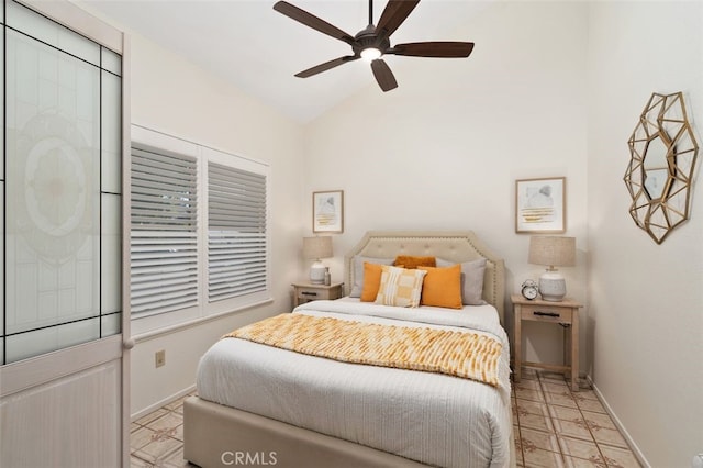 566 Elkhorn Dr, Duarte, CA 91010 - bedroom featuring baseboards, lofted ceiling, ceiling fan, and light floors