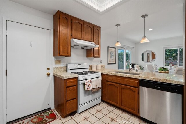 566 Elkhorn Dr, Duarte, CA 91010 - kitchen featuring dishwasher, white gas range, under cabinet range hood, a sink, and brown cabinets